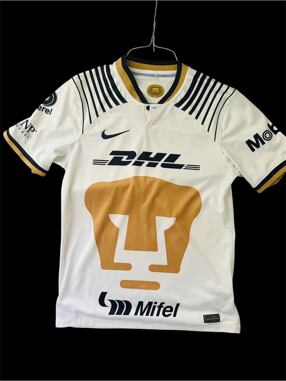 Nike White & Gold Pumas Soccer Jersey with Sponsor Logos